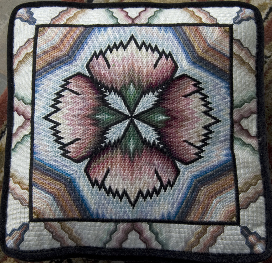 Four-way Bargello Pillow in Carnation Pattern Framed with Florentine Stitch Border